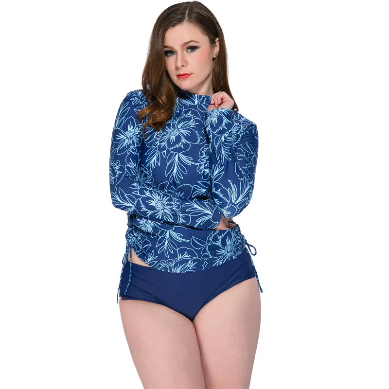 

5XL Plus Size Swimsuit Female Long Sleeve Swimming Suit Flower Print Wire Free Tankini Big Size Conservative Swimwear 4XL 3XL