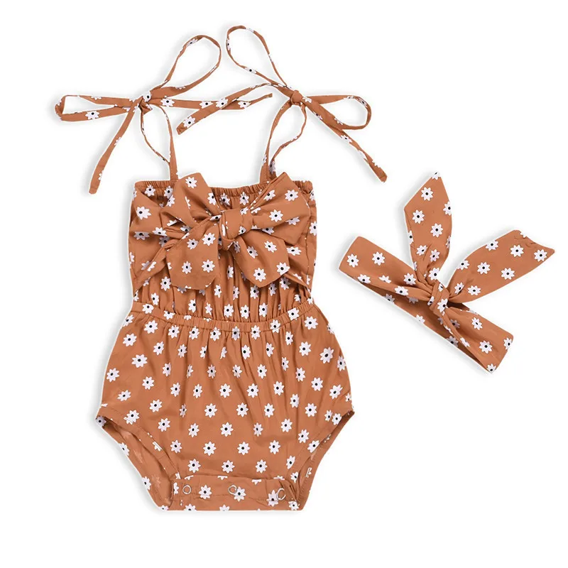 

Summer newborn baby girl sling bow flower jumpsuit polka dot halter sling jumpsuit + headband fashion new Sussuit 2019