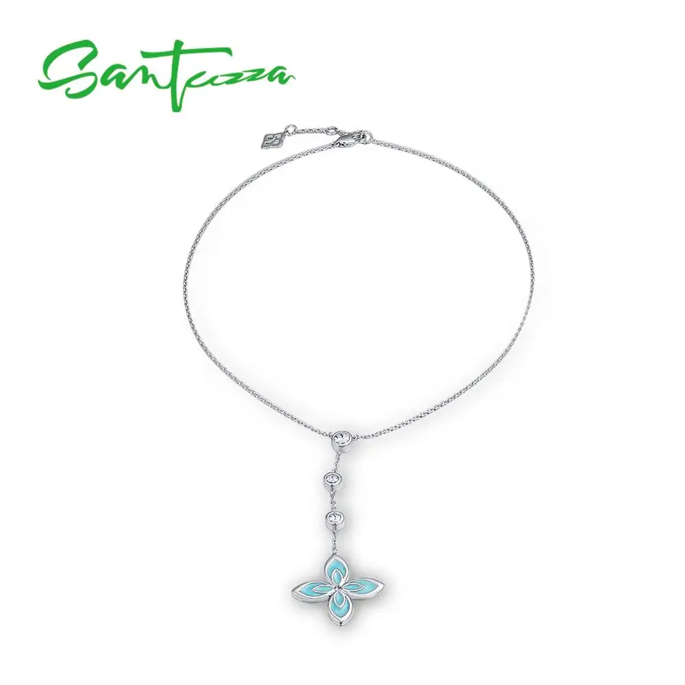

SANTUZZA Flower Necklace For Woman Elegant Blue Flower Sparkling Crystal Necklace Party Fashion Jewelry HANDMADE Enamel