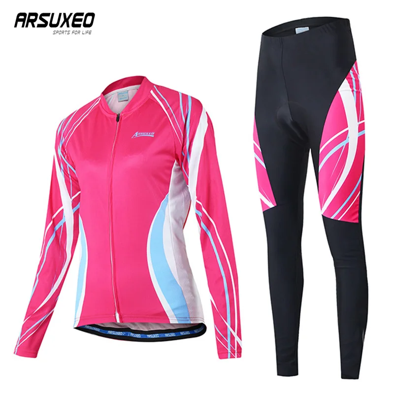 

ARSUXEO Cycling Clothing Woman Cycling Set Quick Drying Sport Bicycle Clothes Breathable Long Sleeves Jersey Sets