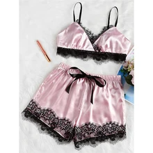 2019 Womens Plus Size Eyelash Lace Lingerie Nightwear Bodydoll V-neck Lace Top +Elastic Shorts Details Pajamas Set black sexy v neck lace details padded pajamas set