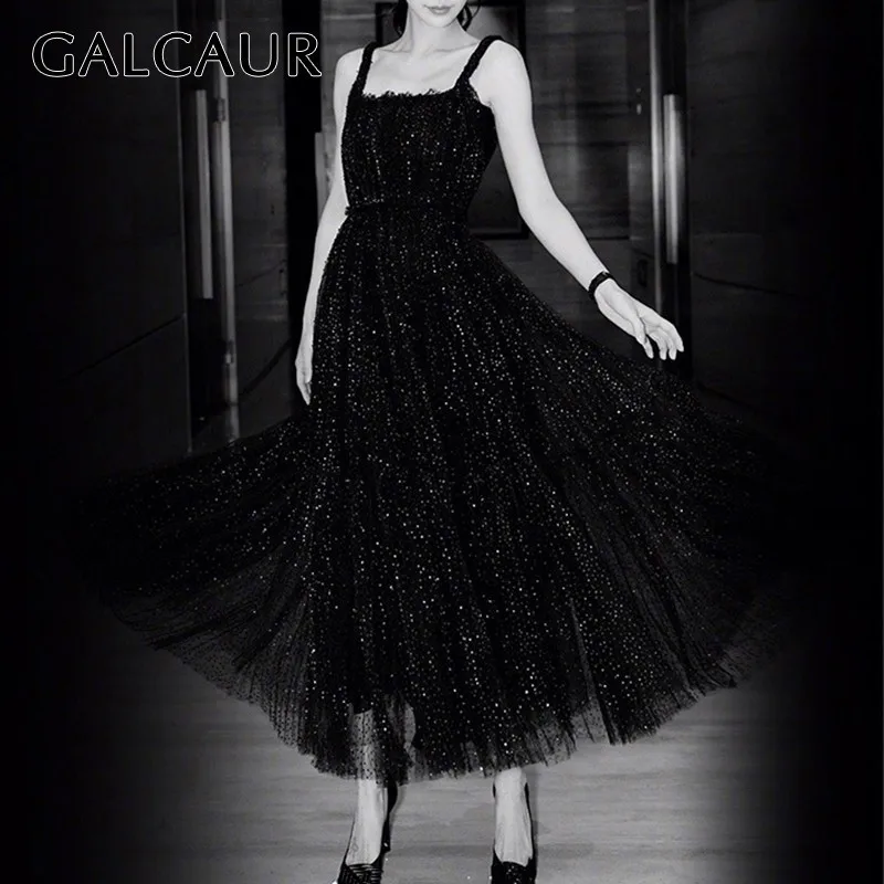 GALCAUR Summer Sequined Patchwork Women Dress Sleeveless Strap High Waist Slim Midi Party Dresses Female Fashion Clothes 2019 | Женская
