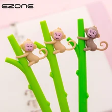 EZONE 1PC Cartoon Monkey Gel Pen For Writing Green Bamboo Shape Pen 0.5mm Black Ink Children Gift Creative School Office Supply deli 9139 creative apple shape plastic pen holder green