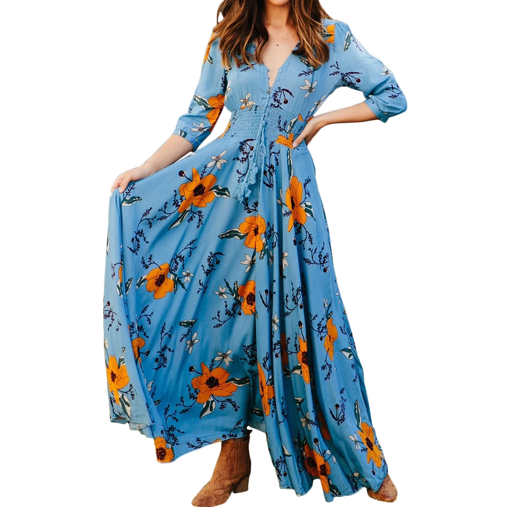 Женское длинное платье с цветочным принтом Boho винтажный пляжный сарафан рукавом