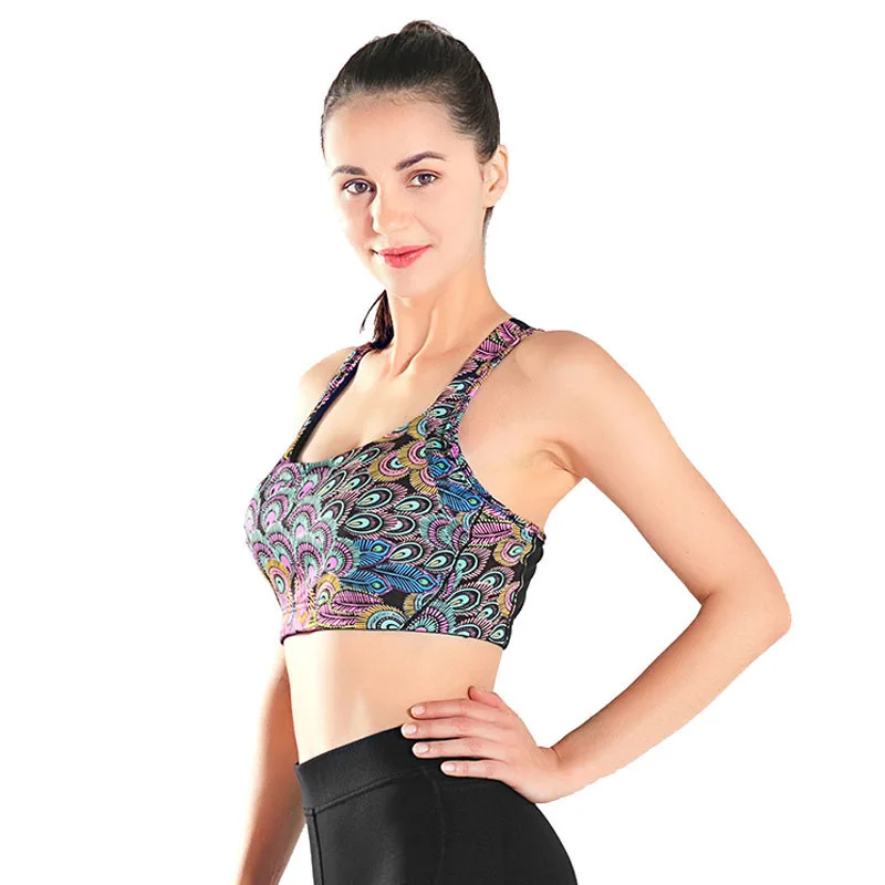 

New Style Women Fitness Bra Sports Hollow out Back X-shaped Peacock Color Wireless Yoga Run GYM Shockproof Tops