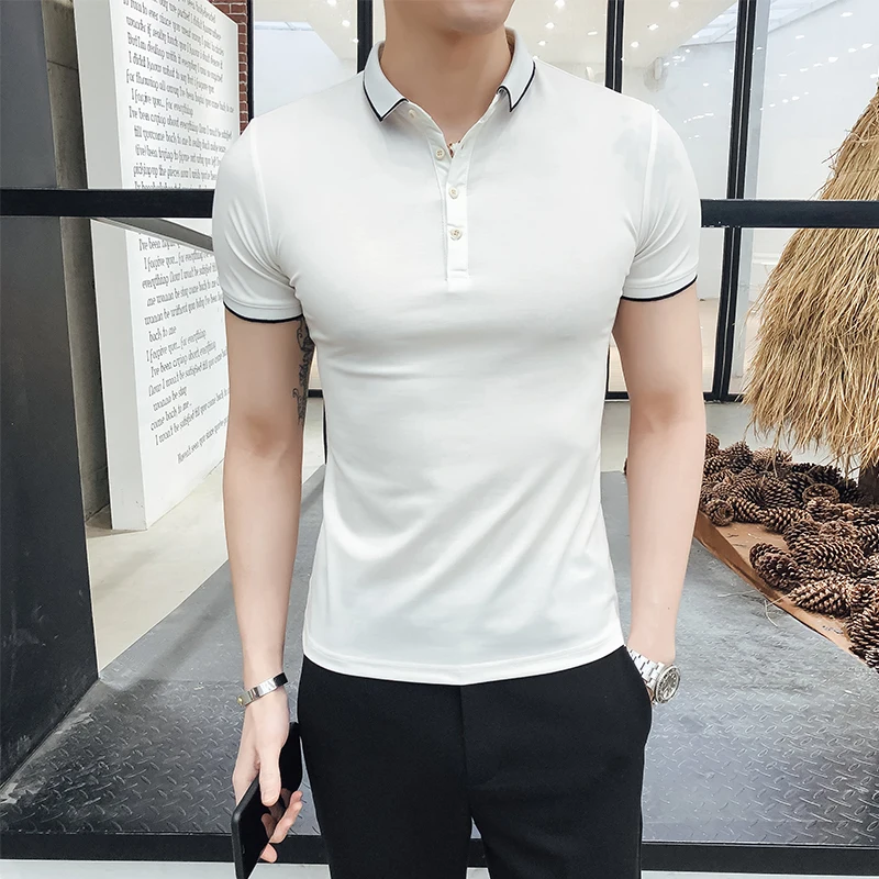 

Men's POLO shirt 2019 summer new solid color simple lapel Slim short-sleeved casual polo shirt personality youth men's clothing