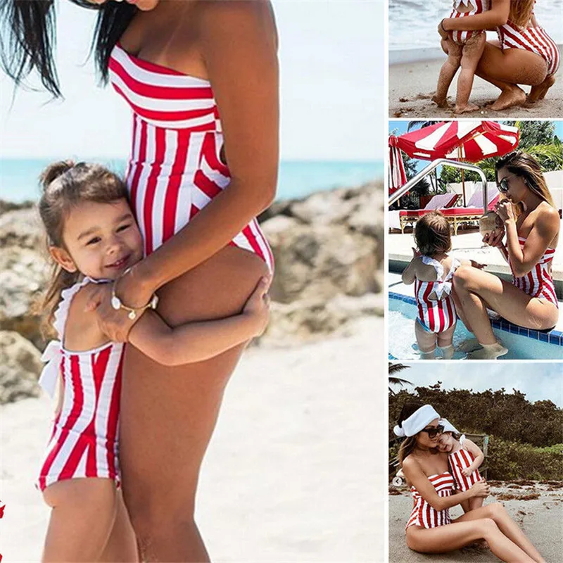 

2019 Brand New Family Matching Swimwear Mother Daughter Women Kids Baby Girls Swimsuit Bikini One Piece Striped Romper Swimwear