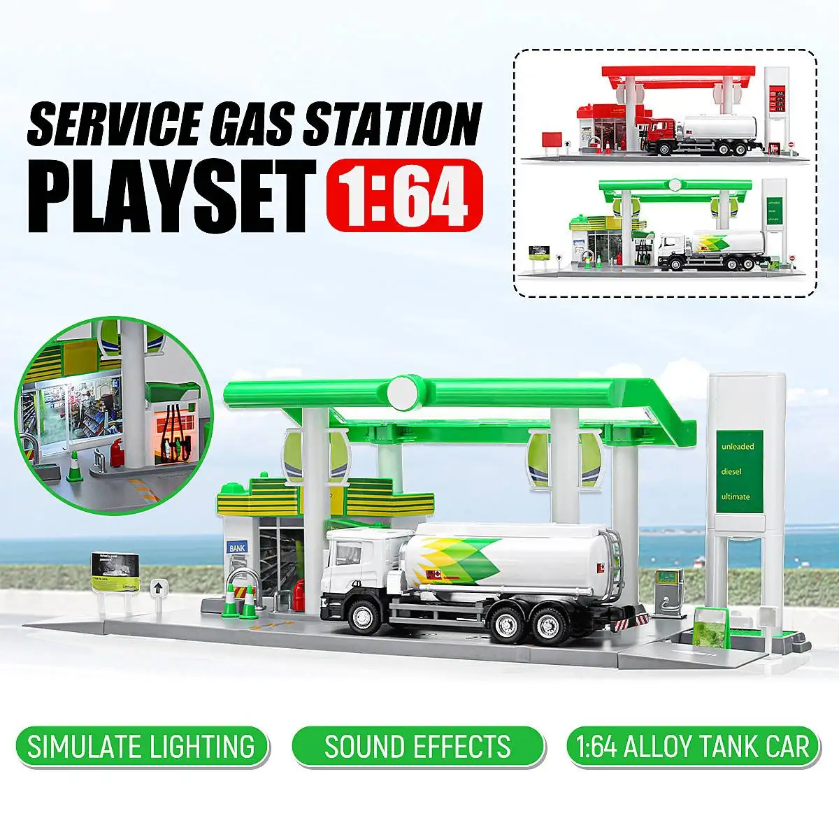 

Model Toys Gas Petrol Service Station with 1:64 Diecast Toy Car Miniature Replica Playset