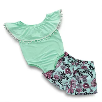 

Baby Cotton Clothes Set Newborn Baby Girls Costume Sleeveless Tassel Ball Ruffles Collar Tops Romper+Bow Floral Printed Shorts