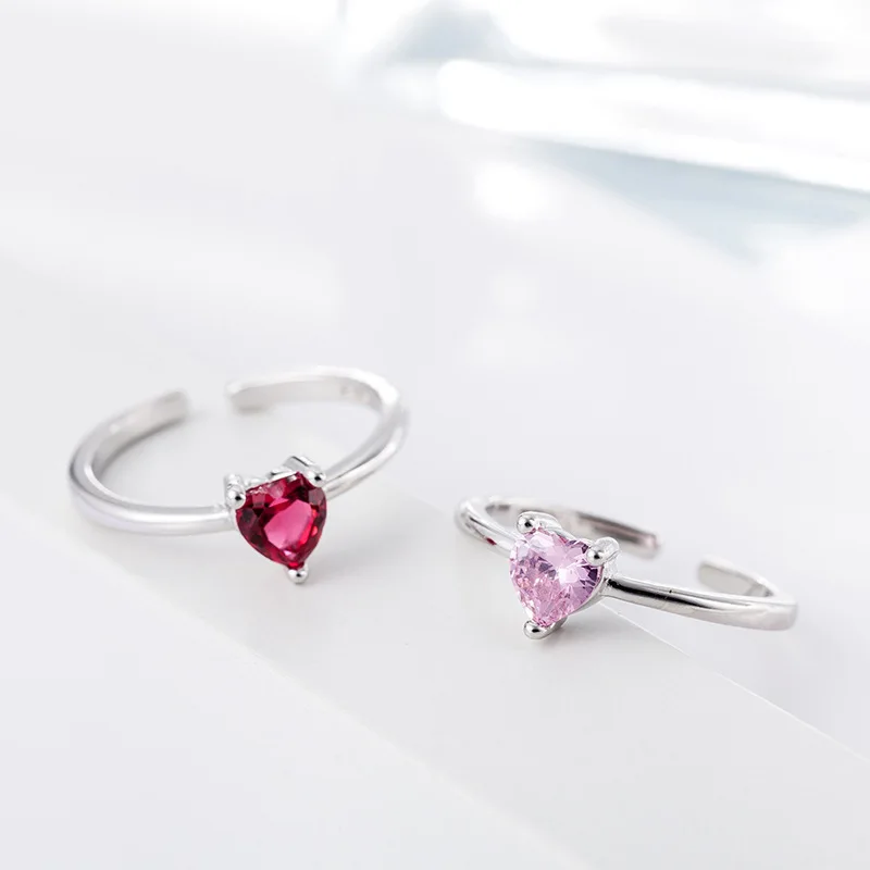 

925 sterling sliver red pink stones heart adjustable open ring promise love silver women's fashion 2019 ladies boho jewelry