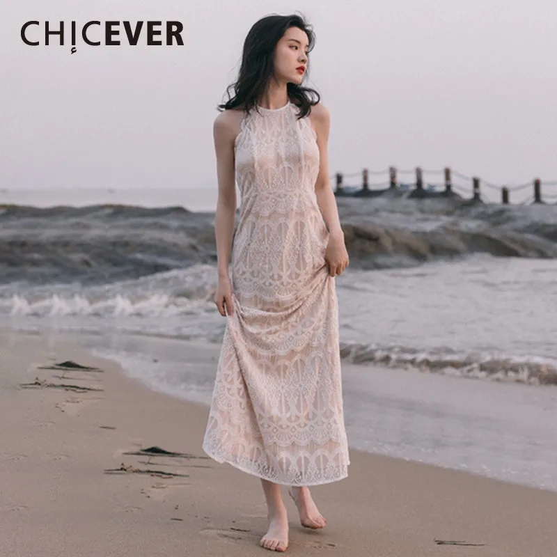 

CHICEVER Summer Beach Style Lace Back Hollow Out White Women Dress Halter Strapless High Waist Slim Sheath Dresses 2019 Fashion