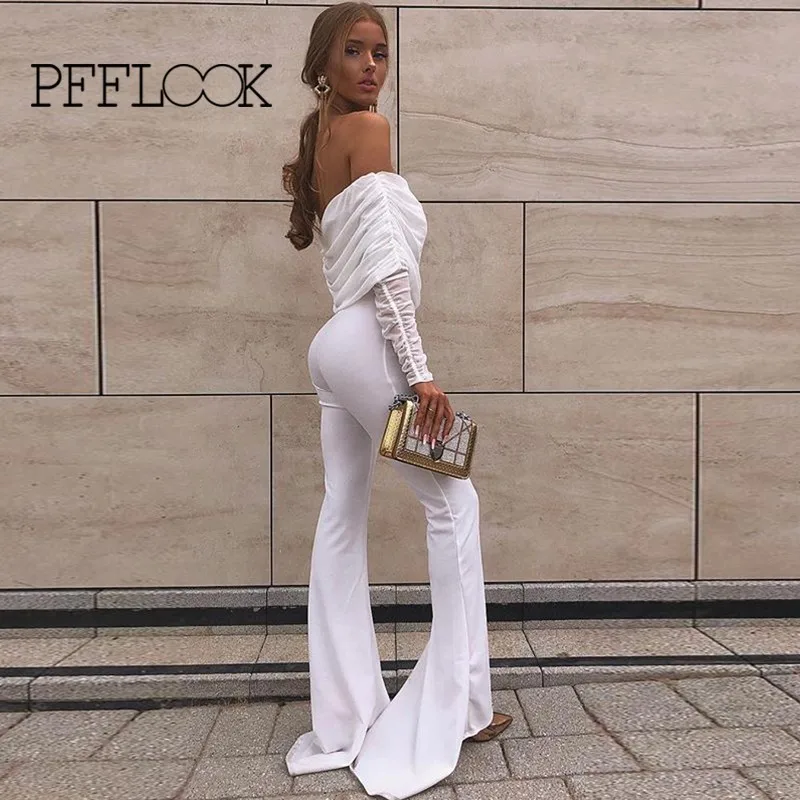

PFFLOOK Off Shoulder Sexy Jumpsuits Long Sleeve Backless Solid Rompers Womens Jumpsuit 2019 New Fashion Elegant Overalls