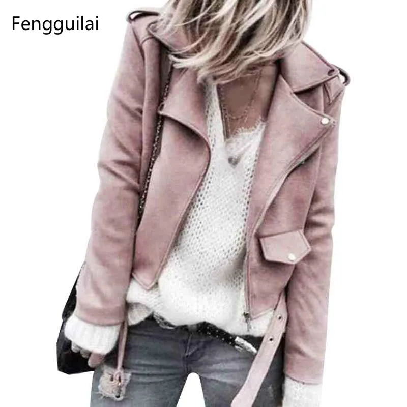 

Suede Women Short Jacket Hem Belt Long Sleeve Top Autumn Winter Jackets Matte Motorcycle Coat Biker Outwear 2018