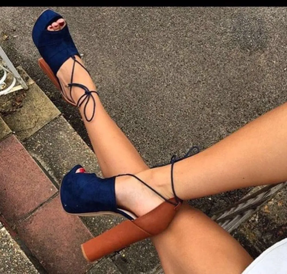 

Abesire Women Sexy Platform Square Thigh High Heels Ankle Strap Sandals Female Peep Toe Mixed Color Shoes Lady Lace-up Shoes