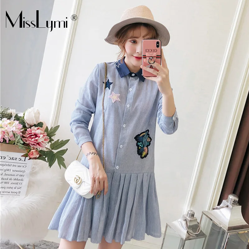 

XL-5XL Plus Size Striped Shirt Dress Women Spring 2019 Embroidery Patch Long Sleeve Loose Casual Pleated Ruffle Mini Dresses