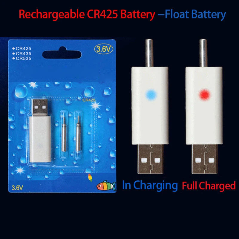

Set 2 Rechargeable CR425 Battery Fishing Float Battery Match USB to Use +1x USB