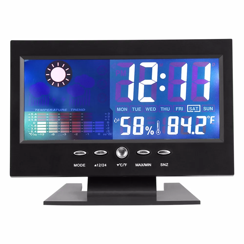 

Colorful LCD Digital Thermometer Hygrometer Electronic Temperature Humidity Meter Weather Station Alarm Voice Control Clock