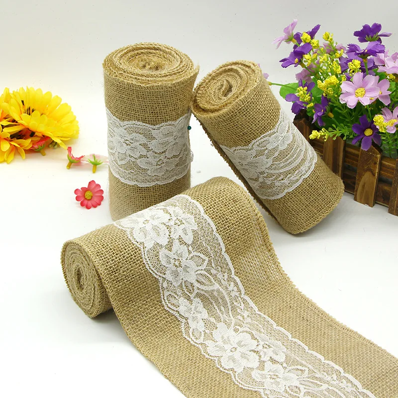 

Fine 15cmx240cm Natural Jute Burlap Hessian Ribbon with Cotton Lace DIY Trim Fabric For Sewing Wedding Decoration Accessories