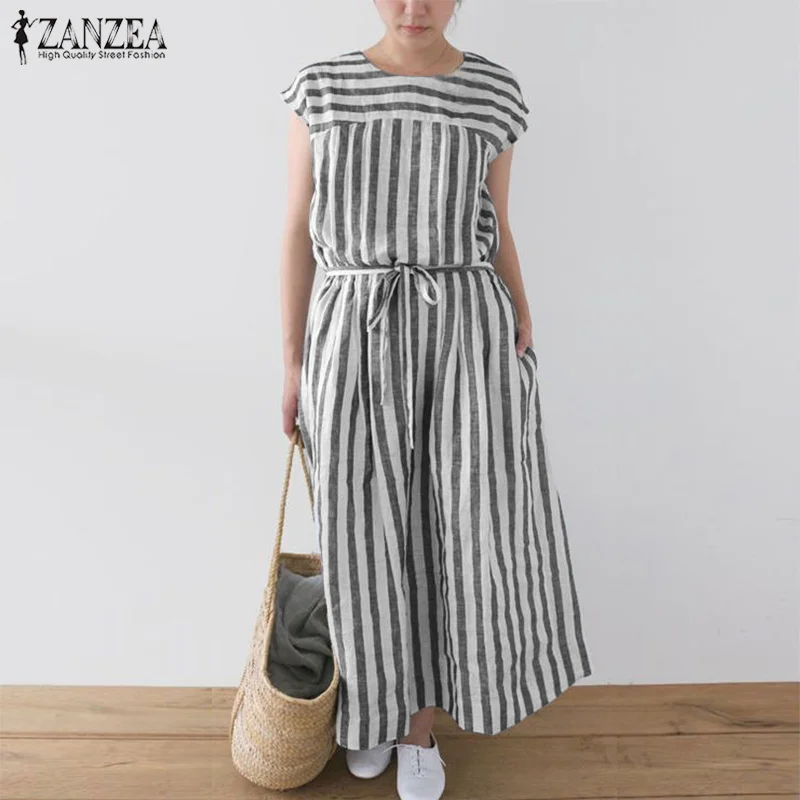 

2019 Summer ZANZEA Women Sleeveless Striped Dress Vintage Ladies Vestido Cotton Linen Long Dress Elegant Work OL SundressPlus