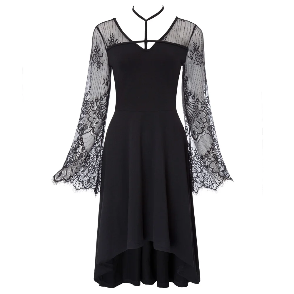 

new Vintage Gothic Long Bell Sleeve Lace Patchwork High-Low Hem Dresses steampunck rock sexy Women black dress classic vestidos