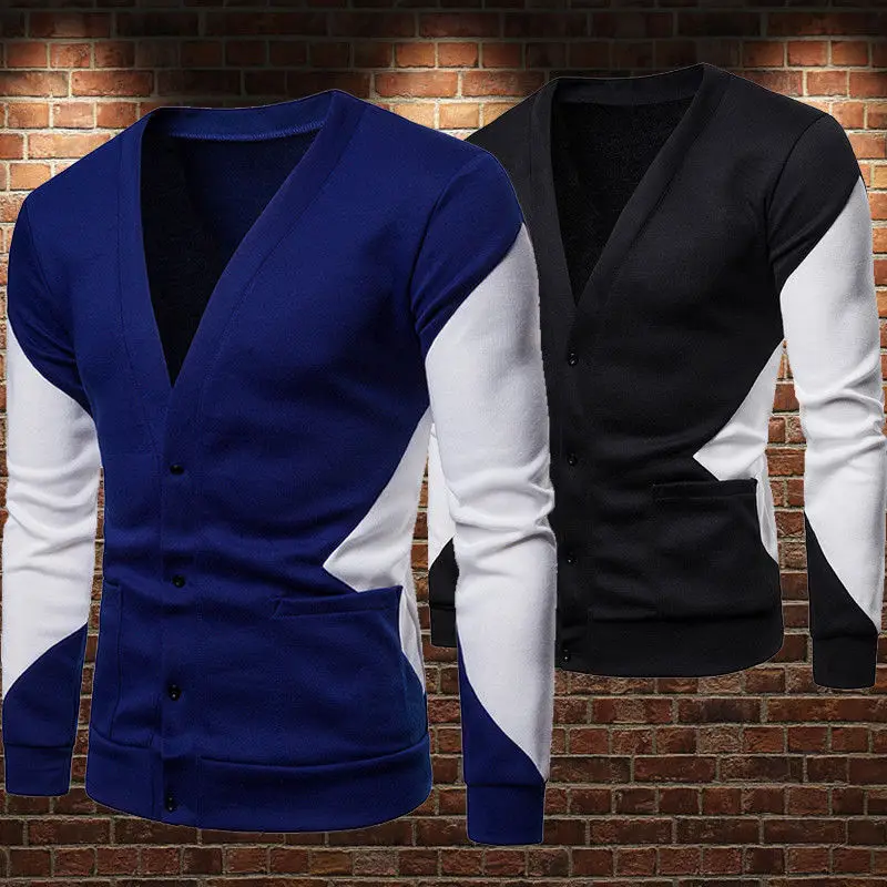 

Men Winter Warm Long Sleeve Sweater Coat Patchwork Slim Fit Single Breasted Sweaters Tops