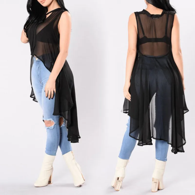 Summer Womens Sexy Blouse Tops See Through Irregular Sleeveless Loose Blouse Casual Shirt Lace Bowknot Sheer Tops Black Red Summer Womens Sexy Blouse Tops See Through Irregular Sleeveless Loose Blouse Casual Shirt Lace Bowknot Sheer Tops Black Red