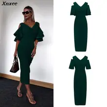 Женское осенне-летнее платье, винтажное элегантное платье-карандаш с оборками и рукавами, сексуальное длинное вечернее платье с открытыми плечами, vestidos ukraine