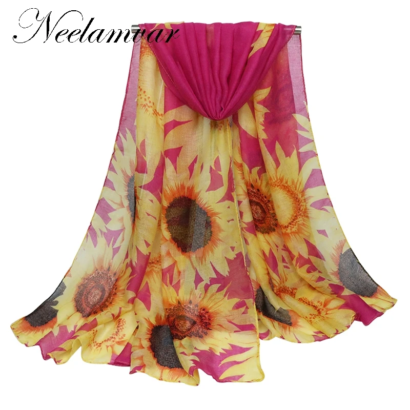 

New autumn winter sunflower Beach Scarves Voile Soft Long Shawl Women Flowers Printed Wrap Stole 180*90 cm Scarves