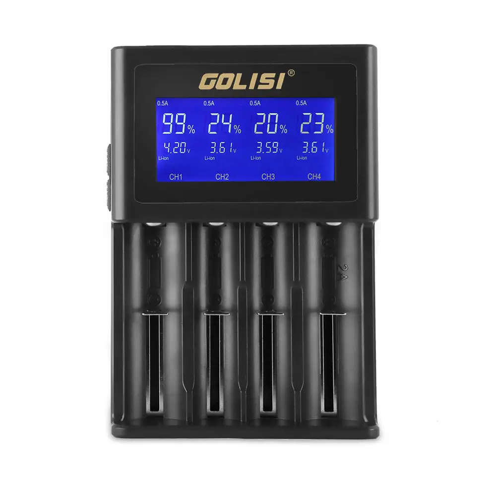 GOLISI S4 2A быстрая зарядка четыре слота Li Ion 18650 21700 26650 / Ni mh cd /aaa/ aa AC 110 240 В 50/60 Гц DC 12 В/1