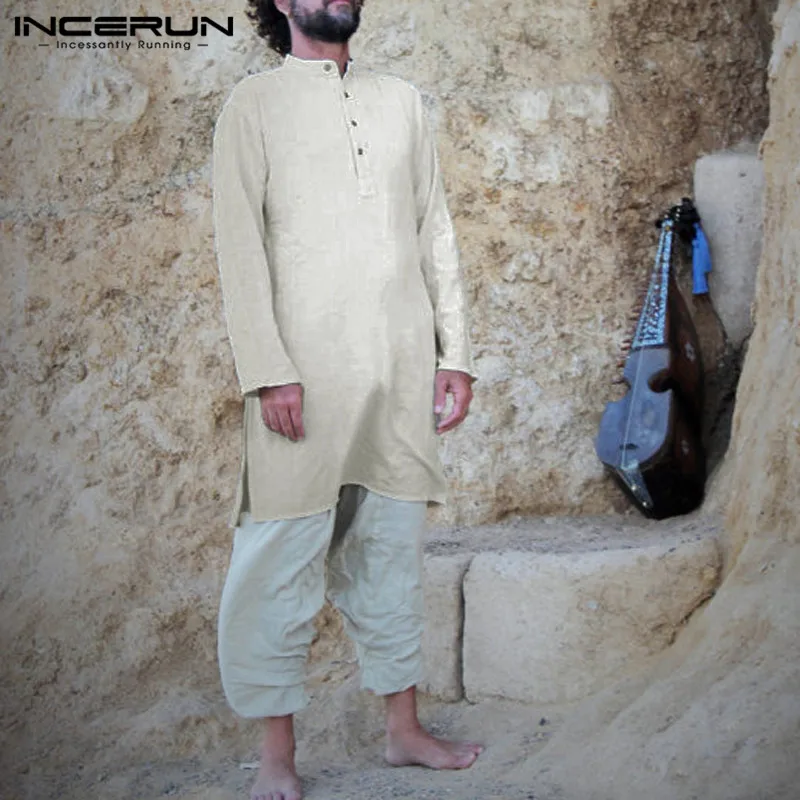 Исламский мужской костюм, мужские рубашки с длинным рукавом, рубашка со стоячим воротником, топы, хлопковые длинные рубашки, Ближний Восток, Арабский кафтан, мужской