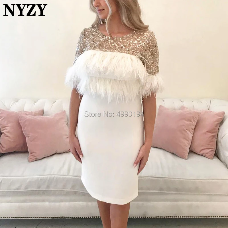NYZY C96 шикарное платье коктейльное перьевое платье с коротким рукавом Кристальное белое вечернее платье короткое vestido coctel