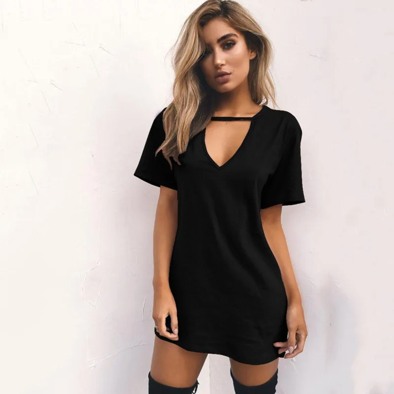 Casual T Shirt Dress Summer Sexy Mini Dresses Plus Size Hollow Out V Neck Short Sleeve Solid Black White Ladies Vestido L30