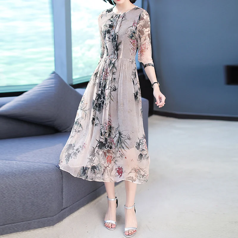 

2019 New Spring Summer Women dress Print Pure Long Loading Watered Gauze Silk Dresses Design And Color 6872