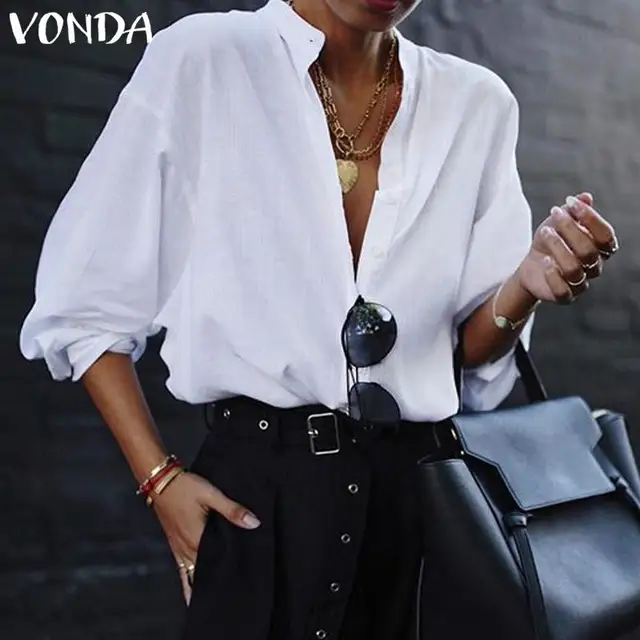 US $10.89 VONDA New Women Blouses 2020 Summer Office Lady White Shirts Lantern Sleeve Buttons Deep V Neck Whi