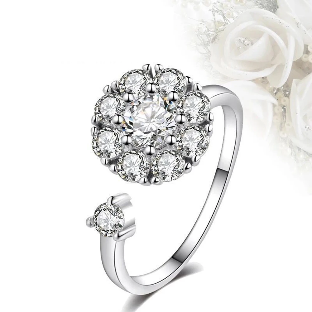 

Classic Silver Copper Ring Rotate Cubic Zircon for Valentine's Day Present Women Wedding Band Ring Jewelry Party Gift