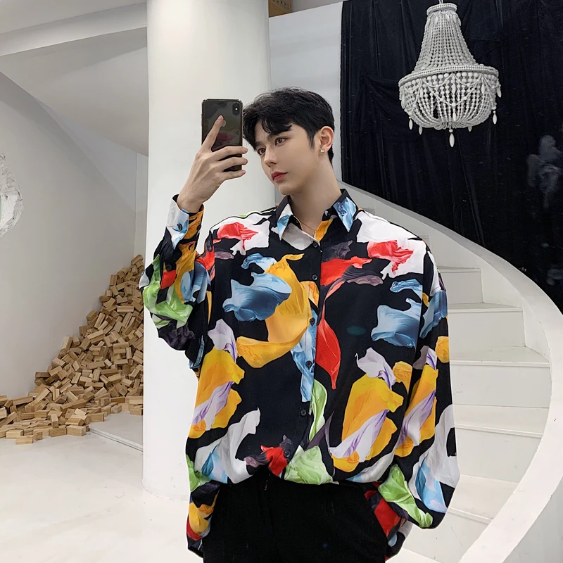 

Men's Shirt 2019 Spring Color Geometric Print Pattern Loose Tide Men's Long-sleeved Shirt Youth Popular Handsome Men's Clothing