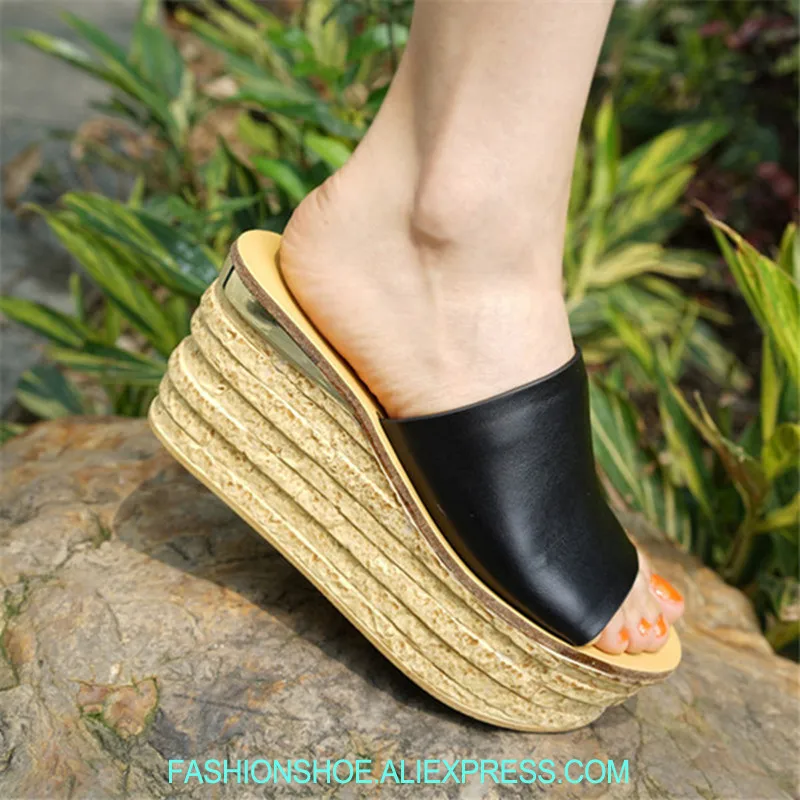 

Fashion 2019 Genuine Leather Wedge Slippers High Platform Summer Women Sandals Slip On Ladies Slides Zapatos Mujer Street Style