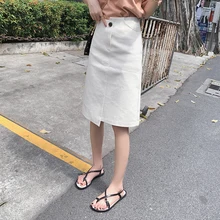 Новые модные Обтягивающие юбки женский Колледж пуговицы выполнены в стиле сапоги до колена юбка с высокой талией Офис леди длиной до колена зауженное белая ажурная юбка-трапеция