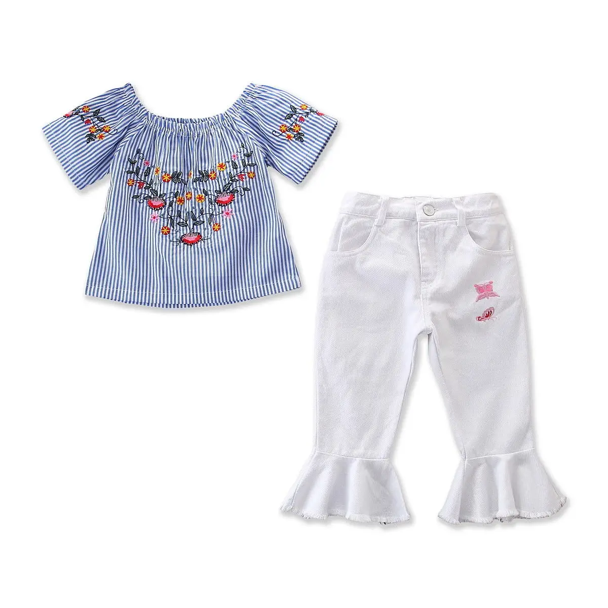 

Toddler Kids Girls 2pcs Outfits Floral Short Sleeve Stripe Tops T-shirt White Trousers Pants Summer Casual Clothes Set 2-7 Years