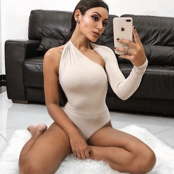 

2019 Sexy 2018 Autumn One Shoulder Sexy Bodysuit Women Skinny Backless Hollow Out Halter Jumpsuit Long Sleeve Rompers