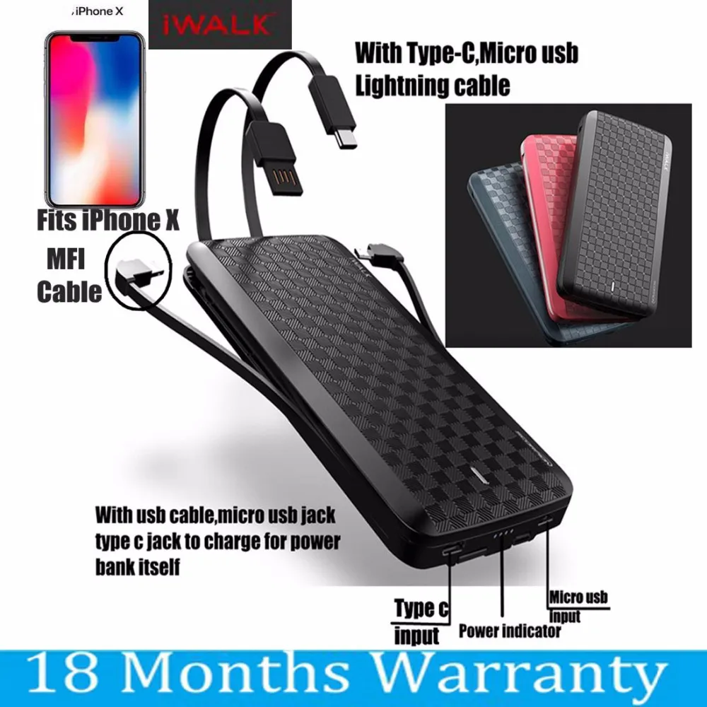 Skup IWalk 12000mah QC3.0 Power bank szybkie ładowanie 3.0 z kablem typu C 8 Pin dla iPhone 8 XS Huawei Samsung S9 Xiaomi Mi8 Oneplus