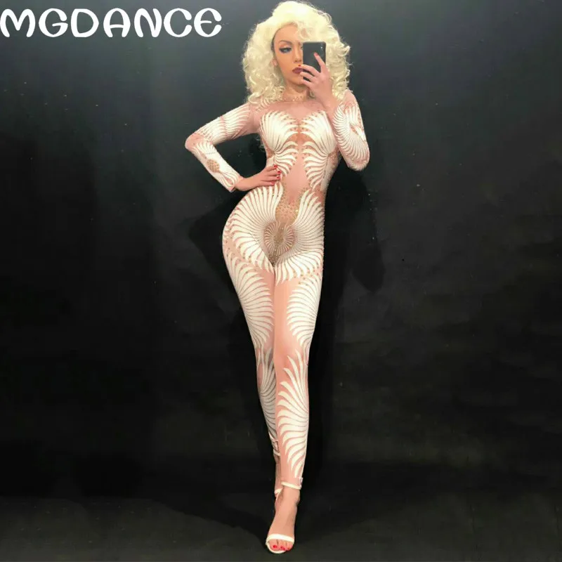 

New Women Sexy White Flower Jumpsuit Color Sparkling Crystals Nightclub Party Leotard Stage Wear Dancer Singer Clothes