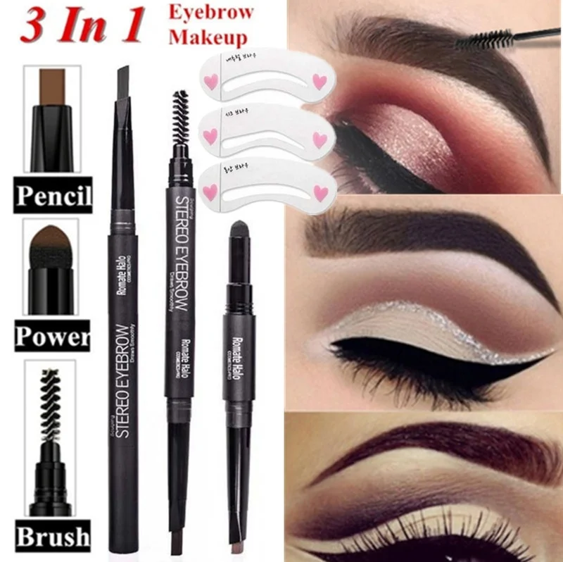 

1 Set 3 In 1 Eyebrow Pencil+Brush+Powder Stick Quick Eye Makeup Enhance Multi-function Eyebrow Pen Beauty Tool with Eyebrow Card