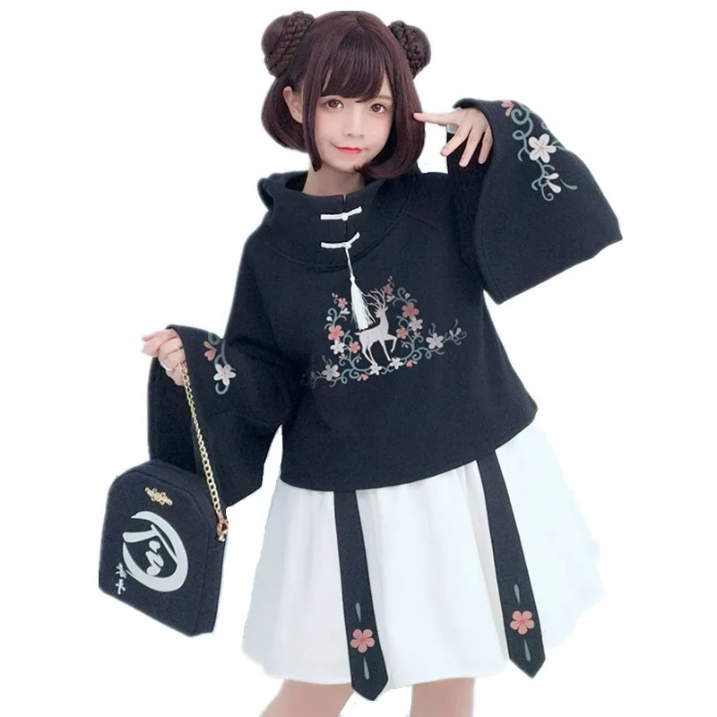 Japanese Kimono Style Hoodies Harajuku Mori Girls Floral Embroidery