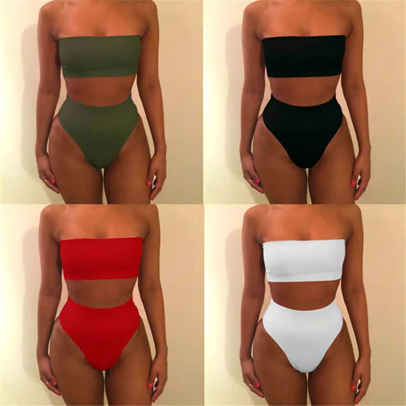 

Sexy Women High Waist Swimsuit Bikini Bandeau Thong Plus Size Swim Wear For Women 2018 Biquinis Swimming Suit Bathing Biquini