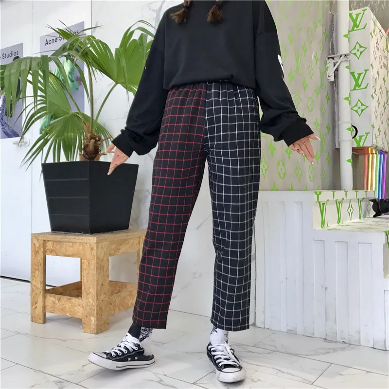 

Lychee Girls Plaid Patchwork Women Pants Elastic Waist Hit Color Ankle Length Pants Causal Loose Pants Trousers Female