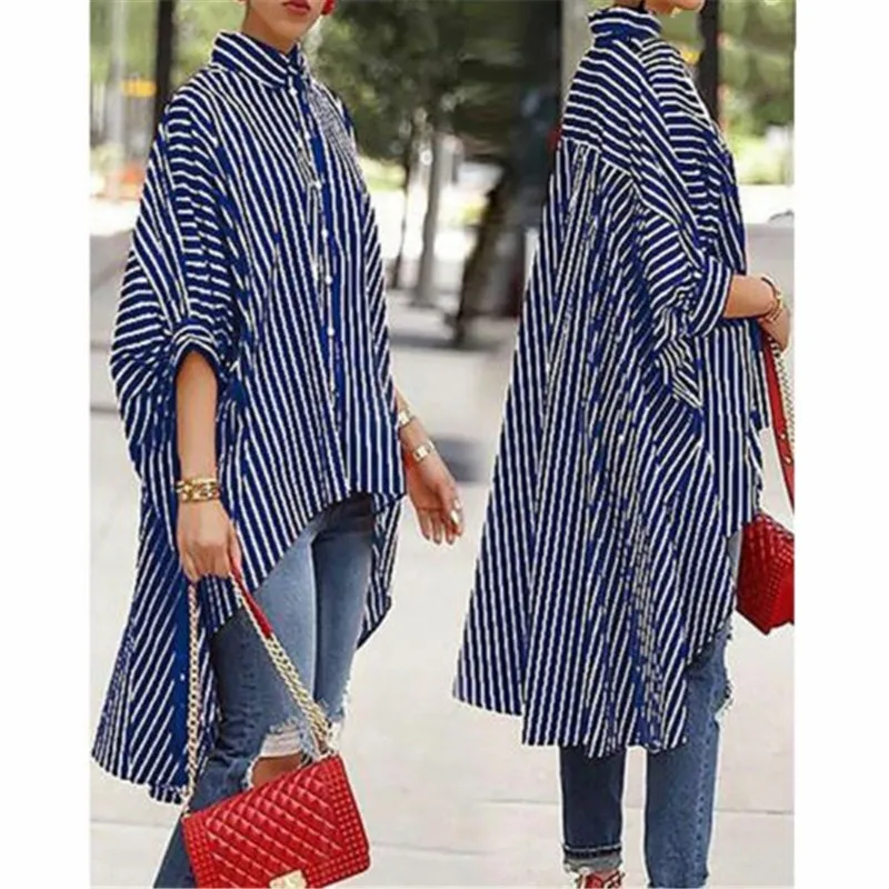 

Women Long Sleeve Shirt Dress Casual Lady Striped Irregular Dresses Sexy Cardigan Tops Tee Turn-down collar Autumn Vestidos