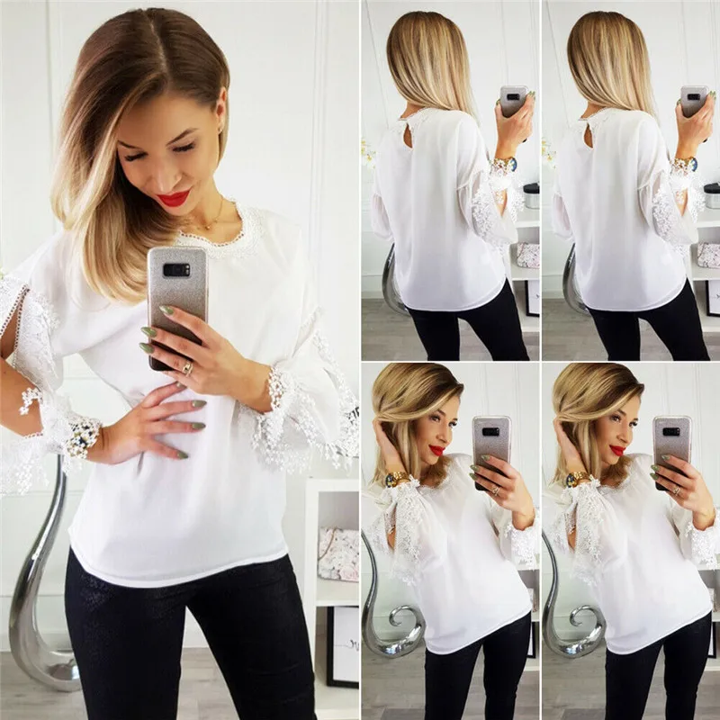 

Summer ladies new long-sleeved round neck chiffon lace fashion women's casual T-shirt