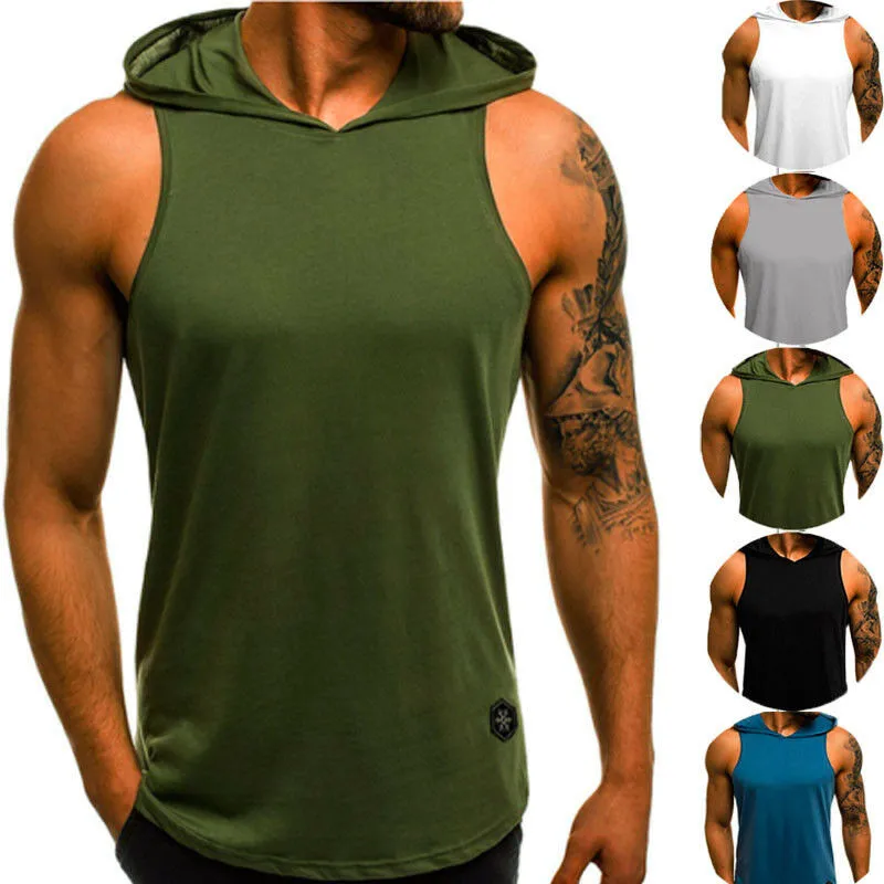 

Men Fitness Hoodies Tank Tops Sleeveless Tee Shirt Male Workout Hooded Vest Solid Undershirt Sportswear