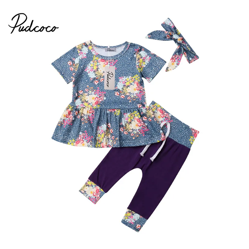 

2019 New Newborn Baby Costume 3PCS Toddler Baby Floral Print Top Clothes+Pants+Headbands Set Outfit Baby Girls Summer Clothes